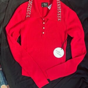 NEW Women’s Size Small Red Embellished Collar Top with sparkly rhinestones!